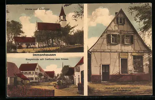 AK Immenhausen, Hauptstrasse mit Gasthaus zum Ochsen, Bäckerei Maier, Kirche und Schule