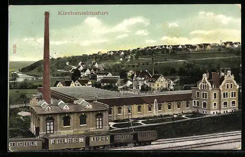 AK Kirchentellinsfurt, Textilfabrik Schirm mit Anlagen und Ortsblöick, Eisenbahn, rückseitig Gruss der Firma