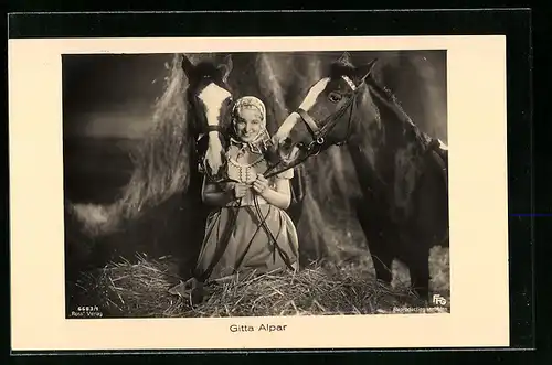 AK Schauspielerin Gitta Alpar mit zwei Pferden