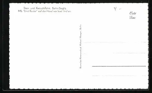 AK Berlin-Steglitz, Stern und Kreisschiffahrt, MS Ernst Reuter auf der Havel vor Insel Imchen