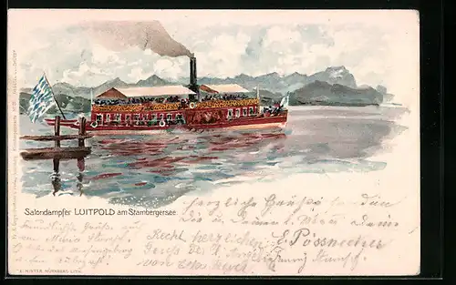 Lithographie Salondampfer Luitpold am Starnberger See