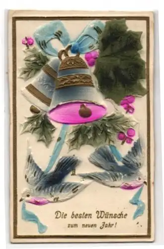 Stoff-Präge-AK Läutende Neujahrsglocken, Blatt aus Stoff