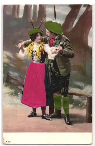 Stoff-Präge-AK Bayerisches Paar in Tracht aus echtem Stoff beim Tanz