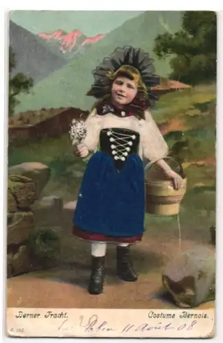 Stoff-Präge-AK Mädchen in Berner Tracht aus echtem Stoff