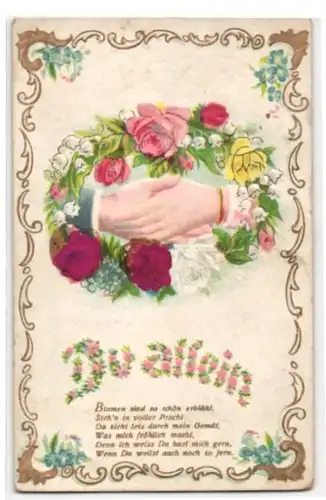 Stoff-Präge-AK Hände umfassen sich, Rosen aus echtem Stoff