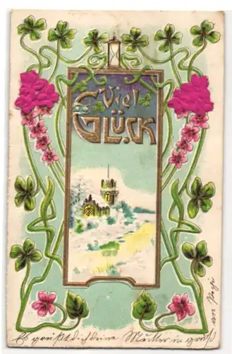 Stoff-Präge-AK Viel Glück, verschneite Kirche, Blumen aus echtem Stoff