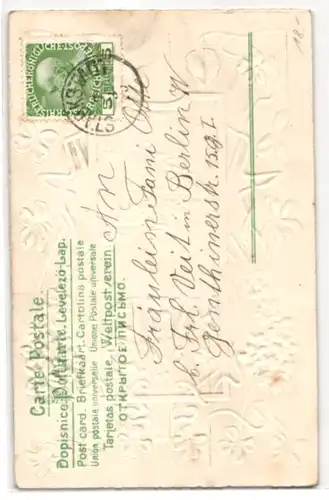 Stoff-Präge-AK Viel Glück, verschneite Kirche, Blumen aus echtem Stoff