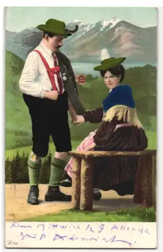 AK Junges Paar in Tiroler Trachten aus echtem Stoff