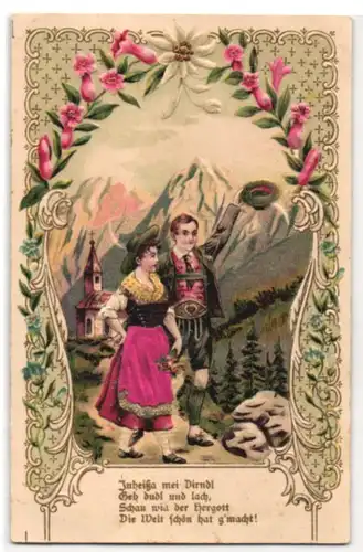 Stoff-Präge-AK Fröhlich grüssendes Älpler Paar in Tracht aus echtem Stoff