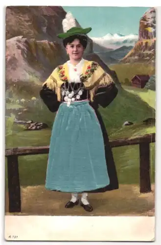 Stoff-Präge-AK Älplerin in Tracht, Schürze aus echtem Stoff