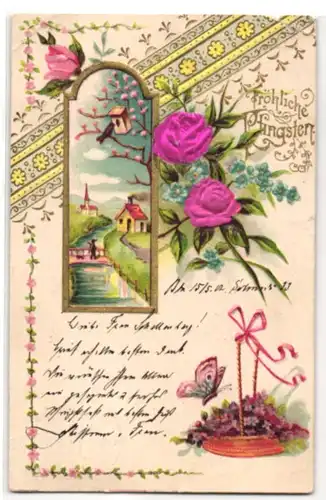 Stoff-Präge-AK Pfingstgruss mit Rosen aus echtem Stoff, Schmetterling