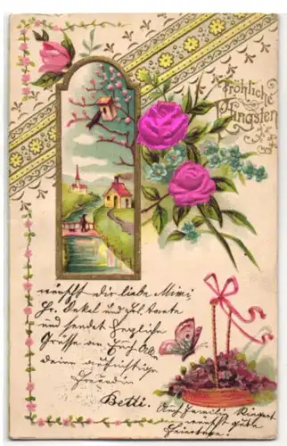 Stoff-Präge-AK Pfingstgruss mit Rosen aus echtem Stoff, Schmetterling und Dorfmotiv