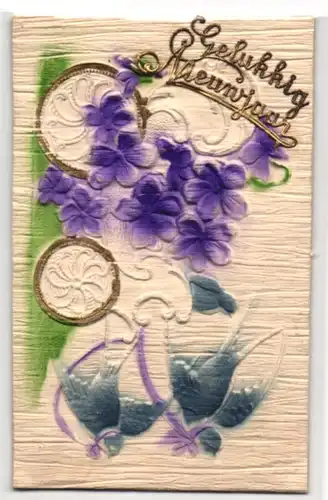 Präge-Airbrush-AK Tauben ziehen blumengeschmückte Kutsche, Neujahrsgruss