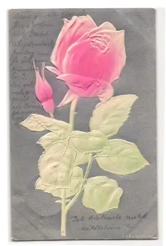 Präge-Airbrush-AK Blühende Rose auf silbernem Grund