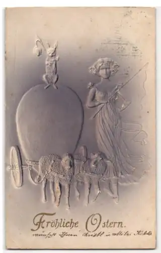 Präge-Airbrush-AK Osterhase auf riesigem Ei gezogen von Lämmern