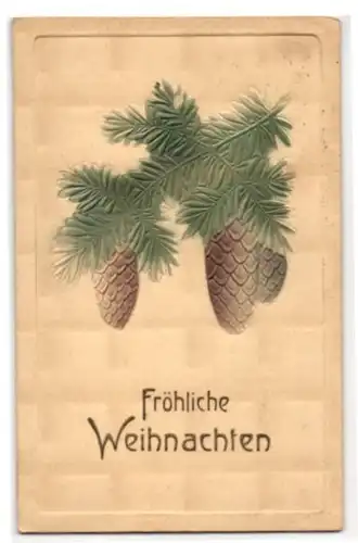 Präge-Airbrush-AK Weihnachtsgruss, Zapfen am Zweig