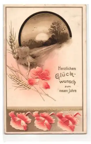 Präge-Airbrush-AK Landschaftsmotiv vor untergehender Sonne, rote Blumen