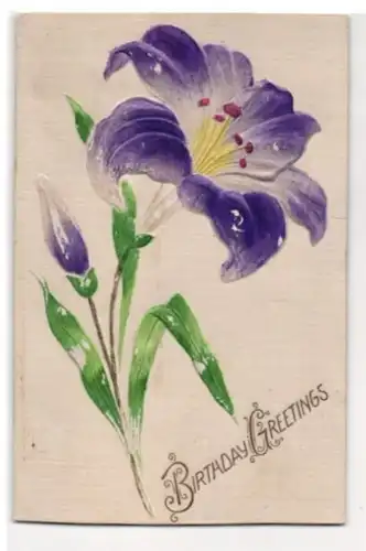 Präge-Airbrush-AK Geburtstagsgruss mit violetter Lilie