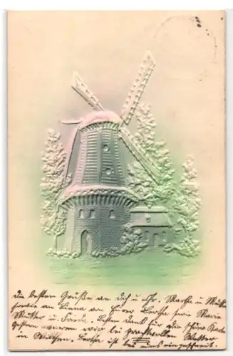 Präge-Airbrush-AK Windmühle am Waldrand