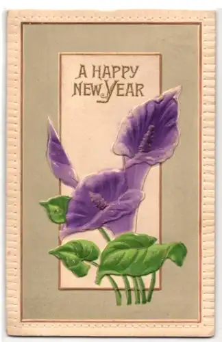 Präge-Airbrush-AK Violette Blumen als Neujahrsgruss