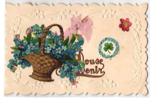 AK Liebeskorb mit aufgeklebtem Korb voller Vergissmeinnicht