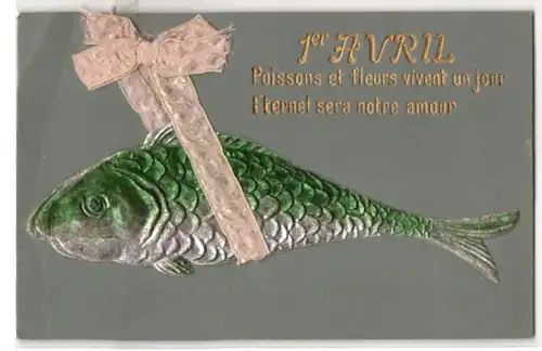 Präge-AK 1er Avril, Fisch mit rosa Schleife