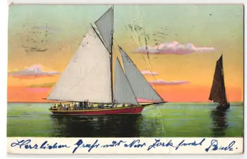 Präge-AK Segelschiff mit Segeln aus echtem Stoff