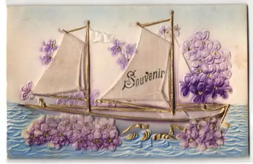 Relief-AK Segelschiff mit Blumen geschmückt