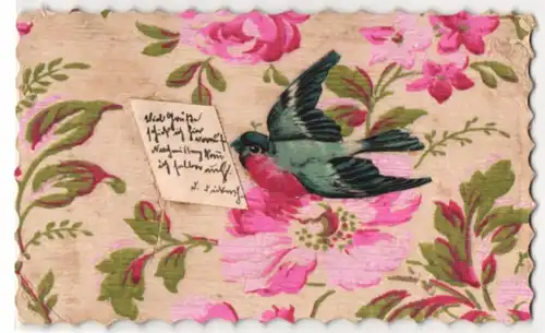 AK Vogel mit Gruss im Schnabel