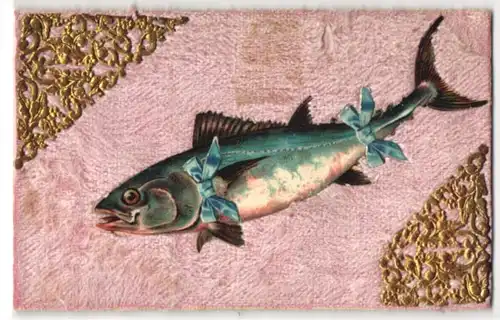 AK Fisch auf rosa Samt mit goldenen Verzierungen