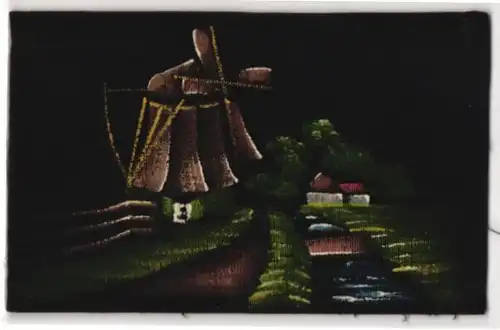 AK Windmühle am Wasser, gemalt auf schwarzem Samt