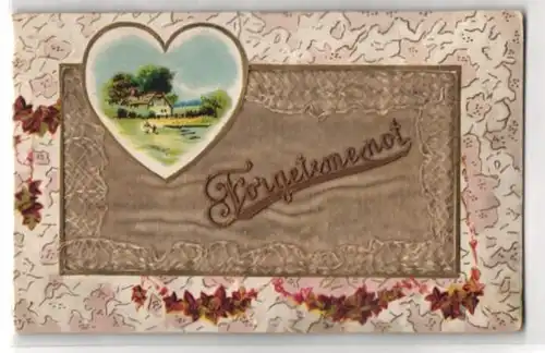 AK Forgetmenot, Gruss auf Samtpolster, Haus im Herz