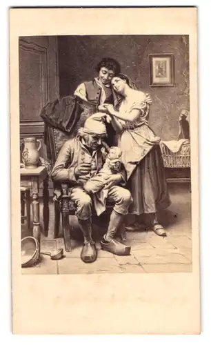Fotografie Dusacq & Cie., Paris, Gemälde: Grossvater hütet das Enkelkind, Mutter und Vater im Hintergrund