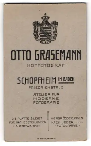 Fotografie Otto Grasemann, Schopfheim in Baden, königliches Wappen und Anschrift des Ateliers