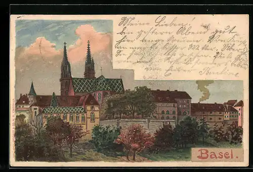 Künstler-AK Basel, Ortspartie mit Kirche