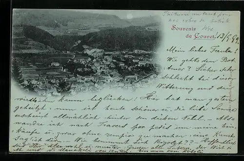 Mondschein-AK Couvet, Ortsansicht aus der Vogelschau