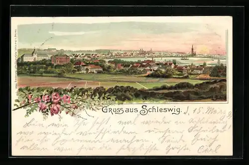 Lithographie Schleswig, Ortsansicht mit See aus der Vogelschau