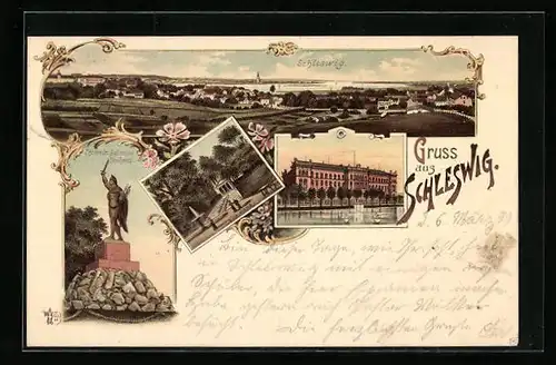 Lithographie Schleswig, Panorama, Gebäudeansicht, Neuwerk