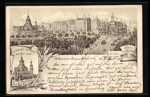 Lithographie Hamburg-St. Pauli, Ortspartie, Gasthaus Chr. Hornhardts Concertgarten