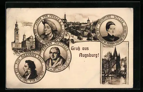 Künstler-AK Eugen Felle: Augsburg, Perlachturm und Rathaus, Teilansicht, Portrait Jakob von Fugger