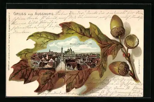 Passepartout-Lithographie Augsburg, Ortsansicht vom Moritzturm aus im Eichenblatt