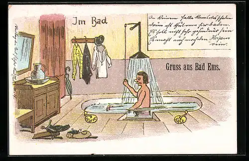 Lithographie Bad Ems, Kurgast im Bad, Holzspielzeug