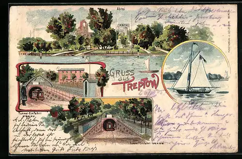 Lithographie Berlin-Treptow, Abtei, Tunnel-Einfahrten Stralau und Treptow