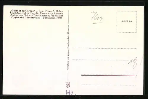 AK Oppenau /Schwarzw., Gasthof zur Krone Franz A. Huber, Vorderansicht