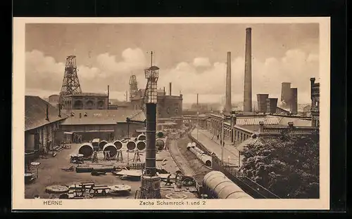AK Herne, Zeche Schamrock 1 und 2 aus der Vogelschau