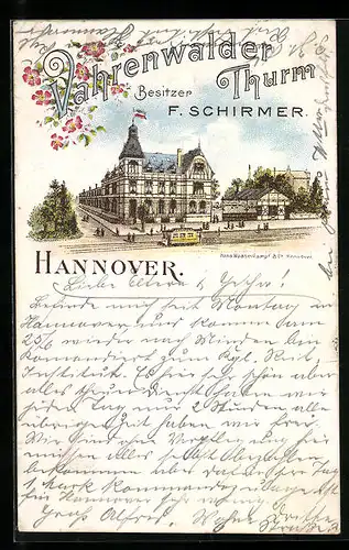 Lithographie Hannover, Gasthaus Vahrenwalder Thurm F. Schirmer, Strassenansicht mit Strassenbahn