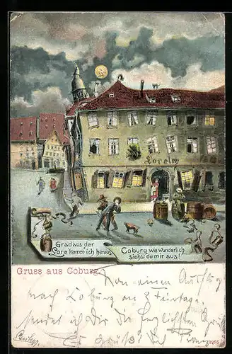 Wirtshaus-AK Coburg, Strassenpartie mit Gasthaus Loreley aus der Sicht eines Betrunkenen bei Vollmond