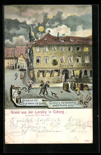 Wirtshaus-AK Coburg, Strassenpartie mit Gasthaus Loreley Nössler aus der Sicht eines Betrunkenen bei Vollmond