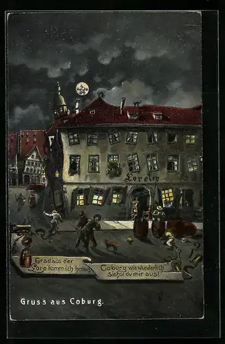 Wirtshaus-AK Coburg, Gasthaus Loreley aus der Sicht eines Betrunkenen bei Vollmond