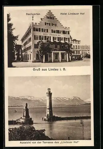 AK Lindau i. B., Hotel Lindauer Hof, Hafeneingang mit Leuchtturm